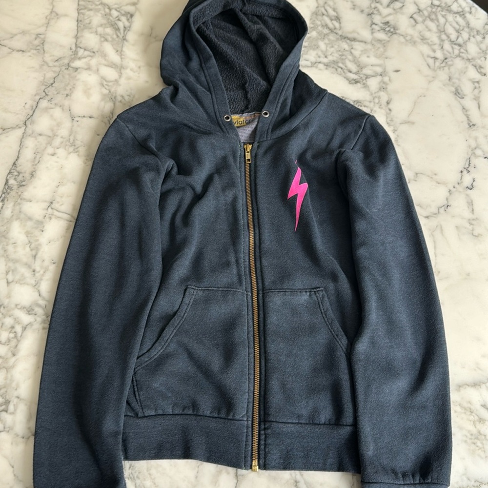 Aviator Nation Kids Black Zip Up with Pink Lightning Bolt